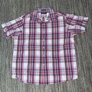 Daniel Cremieux Mens Size XXL Button Front Denim Red Blue Plaid Short Sleeves‎